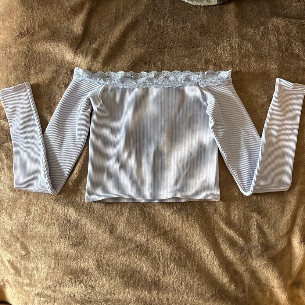 Urban Outfitters Off-Shoulder Light Baby Blue Crop Top with Lace Trim